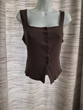 SHEIN Chocolate Brown Ribbed Button-Front Tank